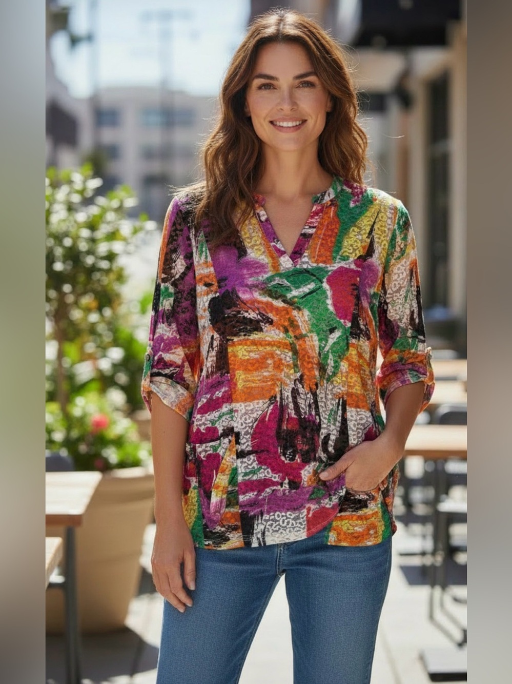 Lynn Ritchie Women’s Top Large Sheer Cami Lined Artsy Pockets Funky Colorful